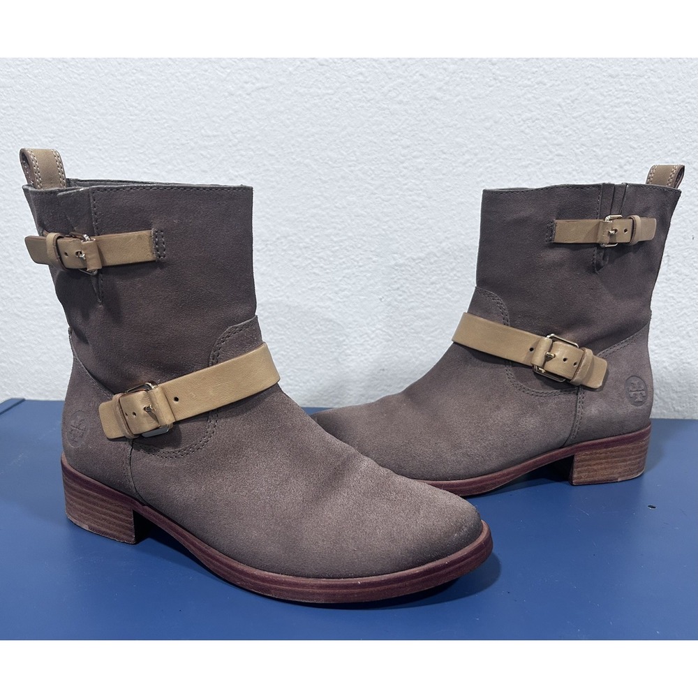 Tory Burch Boots Womens Size 9 Bennie Taupe Suede Leather Short Buckle Pull-On